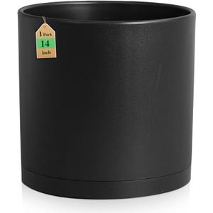 WSMKSZ 14 Inch Heavy-Duty Cylinder Deep Planter for Indoor Outdoor Plants, Tall Large Plastic Plant Pot with Drainage Holes and Saucer, Decorative Flower Pot for Patio Garden, Black