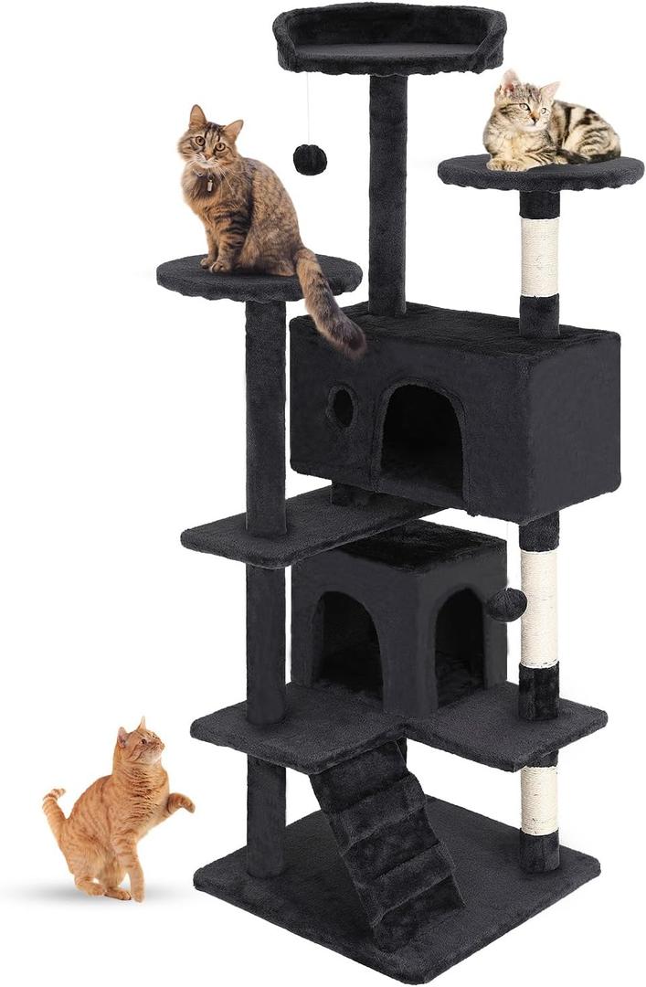 FDW | 54" Cat Tree Tower | Dark Gray | Multi-Level Indoor Activity Center with Sisal Scratching Posts, Condos, Plush Perches, Hanging Cat Toys | Sturdy, Easy to Assemble | for Kittens & Adult Cats