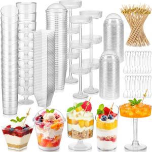 150 Pcs Plastic Dessert Cups with Spoons and Toothpicks, 2 to 7 oz 5 Styles Clear Mini Appetizer Cups Disposable for Serving Fruit Trifle Ice Cream Pudding Weddings Party(Clear, Elegant)