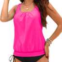 Holipick Two Piece Blouson Tankini Swimsuits for Women Tummy Control Bathing Suits Modest Tankini Top with Bikini Bottom (Pink, XL)