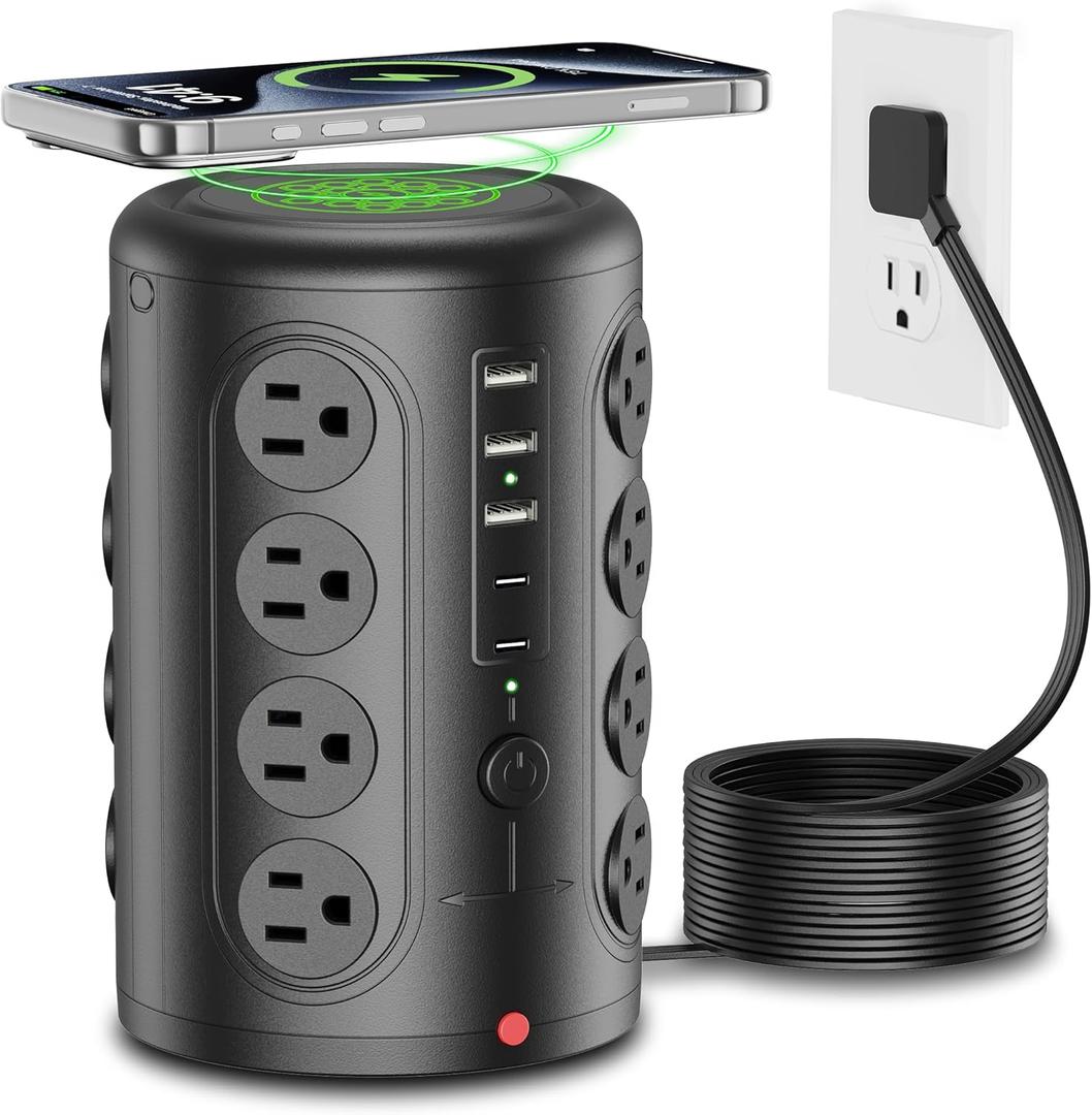 Power Strip Tower Surge Protector, TenTrend 16 Outlets and 5 USB Ports (2 USB-C), 2000 Joules Charging Station, 10FT Flat Plug Extension Cord for Home Office Dorm Room Essentials, Black
