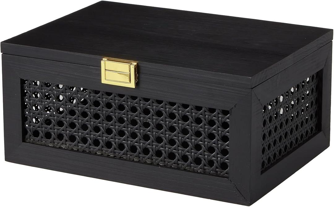 Decorative Rattan Storage Boxes Solid Wood Woven Baskets Bins with Lid Keepsake Memory Jewelry Box Natural Boho Shelf Wicker Closet Desk Organizer Container (Black, Large Size)