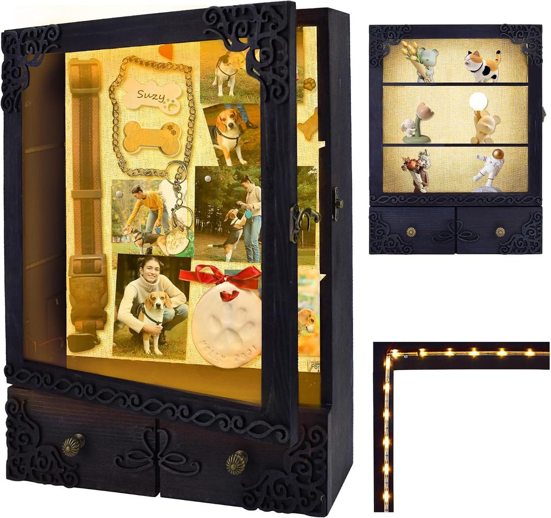 11x16 Shadow Box Frame with Light, Memorial Display Case with Shelves, Drawer and Slot for Keepsakes, Deep Memorial Shadow Box for Pet Memorial, Dog Keepsakes Graduation and Flowers, Black