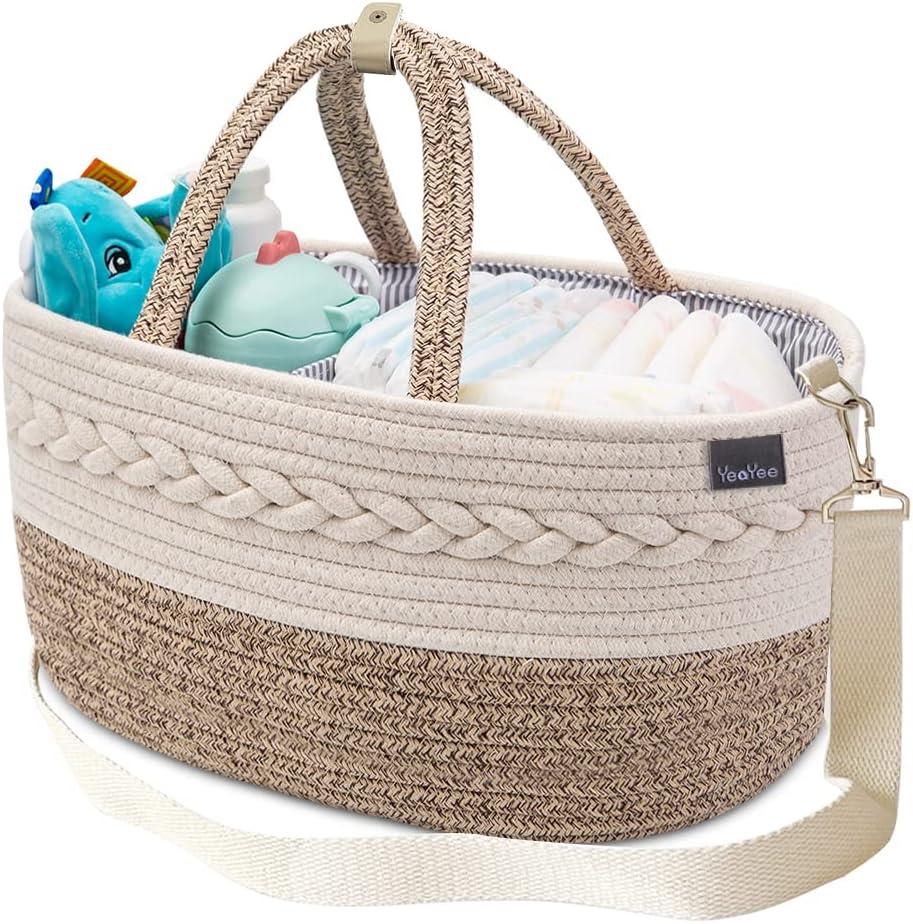 Baby Diaper Caddy Organizer, Shoulder Strap Buckle, 4 Inner Pockets Portable Nursery Storage Basket with Detachable Compartments,100% Cotton Woven Bin (Small, Yellow)