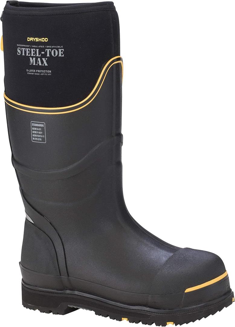 Dryshod Unisex Steel-Toe Max Hi Work Boots | Slip Resistant | Waterproof | Rubber | Black/Yellow, Size: 9