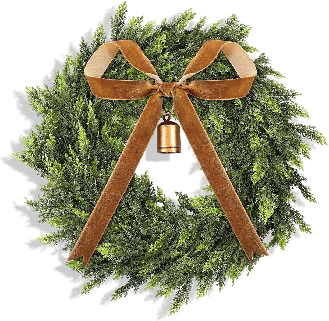 Dingion 20" Real Touch Christmas Cedar Wreath Artificial Cedar Wreaths for Front Door Winter Faux Green Fake Pine Cypress Wreath with Vintage Bow for Window Outdoor Indoor Wall Home Xmas Holiday Decor (Brown)