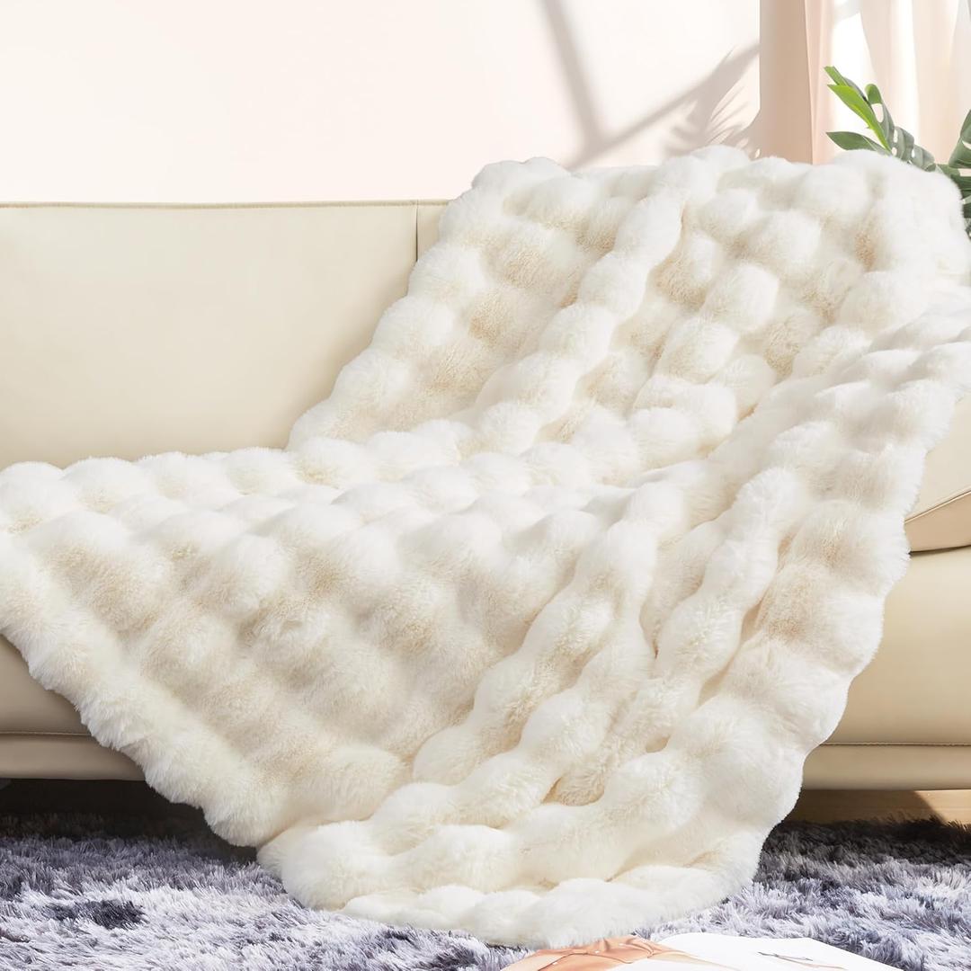 Touchat Luxury 1000GSM Faux Rabbit Fur Throw Blanket, Super Heavy Warm Cozy Blankets for Couch Bed Sofa, Bubble Plush Fuzzy Elegant Soft Reversible Mink Blanket for Living Room Bedroom, Cream White (Throw-50"x60")