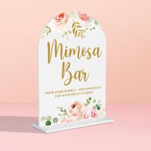 Acrylic Wedding Signs, Bridal Shower Decorations, Mimosa Bar Signs for Reception, Modern Calligraphy Arch Acrylic Table Top Sign for Wedding Reception and Engagement Parties (Pink Flowers)