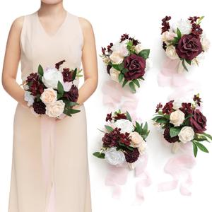 Ling's moment Artificial Bridesmaid Bouquets Set of 4,Marsala Wedding Flower Bouquets White Floral Bouquet Blush Bridal Bouquets with Ribbon,Ceremony,Anniversary,7-inch Diameter (Red-marsala & Cream)