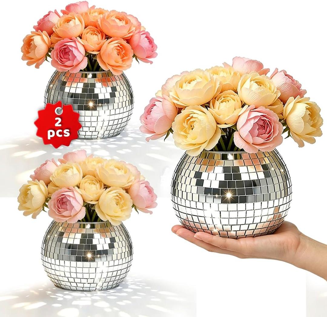 2 Pcs Disco Ball Vases,6" X 6.7" Disco Ball Centerpieces Decor,Silver Mirror Plastic Vase Disco Ball Planter for Wedding,Birthday,Office Table Decorations