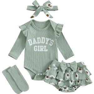 Aunties Bestie Baby Clothes Daddys Girl Newborn Short Sleeve Romper Daisy Skirt Shorts 3Pcs Set Infant Spring Outfit (Green)