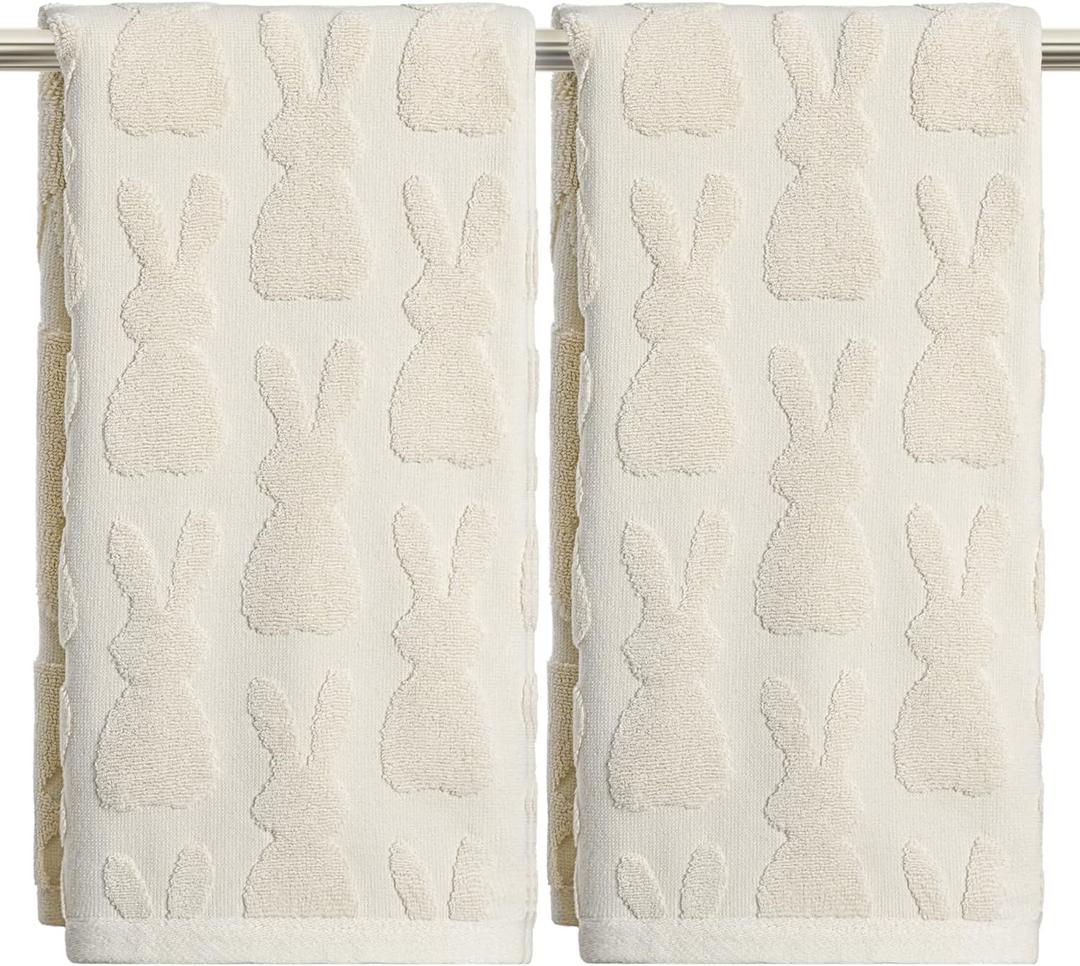 Artoid Mode 2 Pcs Beige 3D Rabbit Jacquard Easter Hand Towels for Bathroom, 100% Cotton Soft Absorbent Bathroom Decor Towels, 13.7 x 29.5 Inch