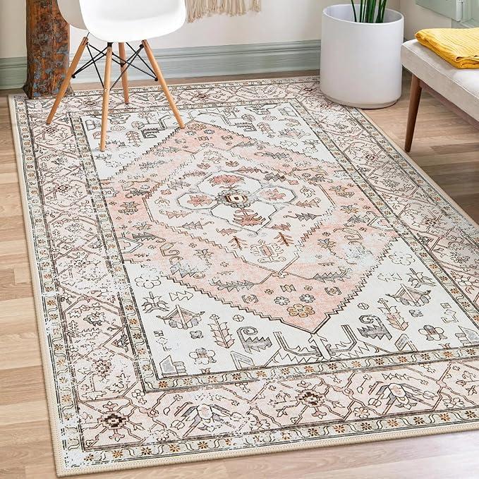 Machine Washable Rugs Nursery Rug 5x7 Cute Girl Non Slip Low Pile Water Repellent Soft Print Pattern for Bedroom Indoor Decor Kids Playroom Pink