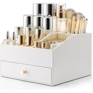 VLANDO Makeup Organzier,Vanity Organizer with Drawers, PU Leather Skincare Organizer Perfume Organizer,Large Cosmetic Display Case for Lipstick,Brushes Gifts for Women-White