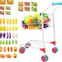 deAO Kids Shopping Cart Trolley with Sturdy Metal Frame for Toddlers 46 PCS Food Fruit Vegetables Pretend Play Food Role Play,Educational Toy Play Kitchen Toys for Boys Girls Kids