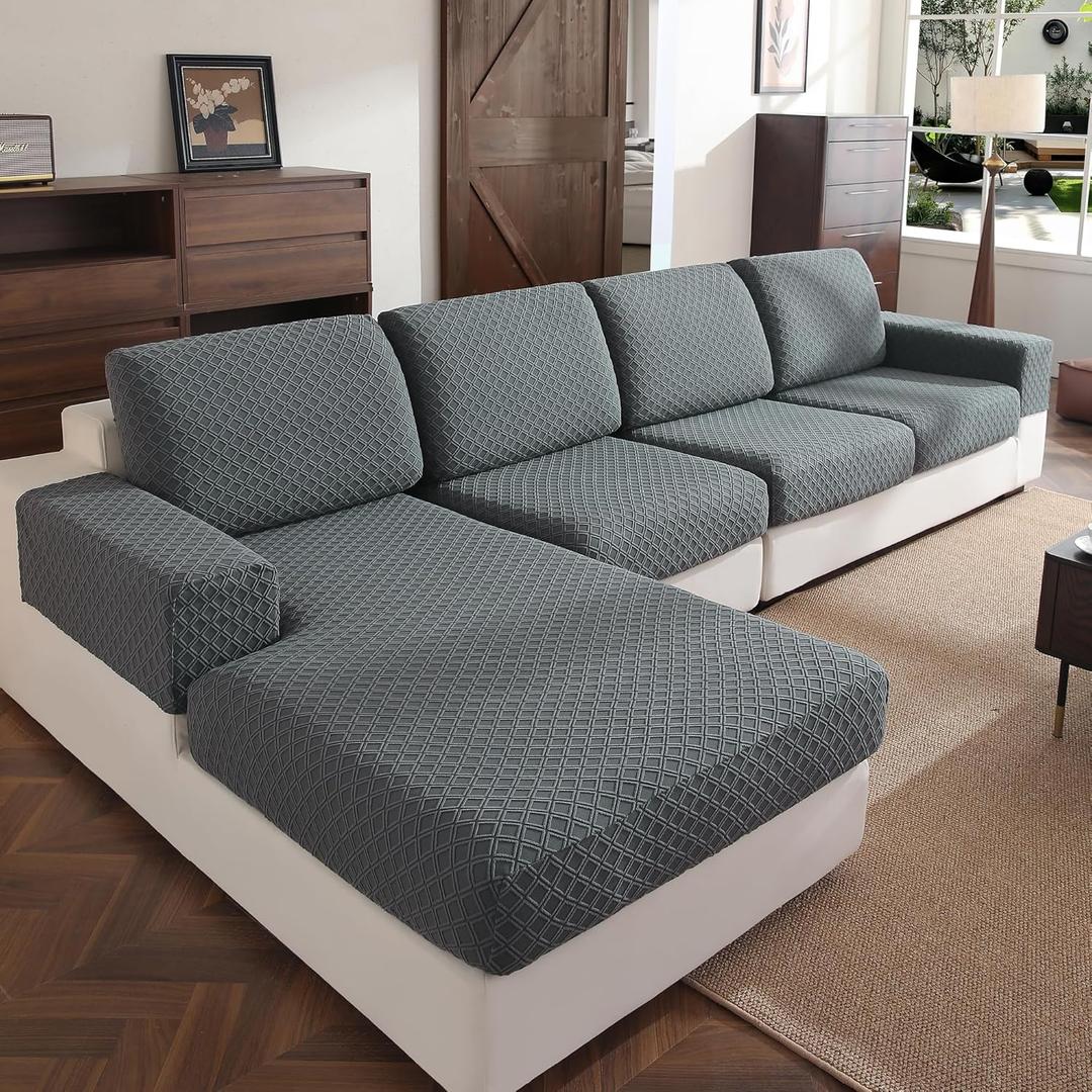 Couch Cover, Stretch Sofa Cover, Soft Seat Cushion Covers Washable, Sectional L Shape Sofa Slipcover, Wear Stain Resistant Pet Friendly Furniture Protector for Home (1 Seat Cover L, Dark Gray)