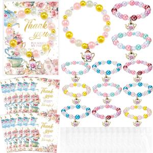 Misdary 12 Set Tea Party Favor Tea Bracelets for Girls Include Mini Flower Teapot Beaded Bracelet Thank You Cards Transparent Bags Gifts Teaparty Accessories for Kids Spring Birthday Decorations