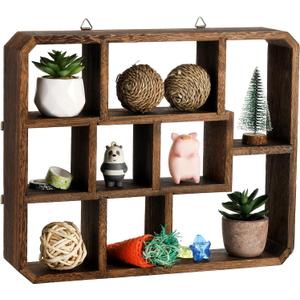 Frcctre Rustic Shadow Box Display Shelf, 9 Compartments Wood Hanging Display Floating Shelves, Multi-Slot Wall Mounted or Freestanding Farmhouse Decor Displays Case