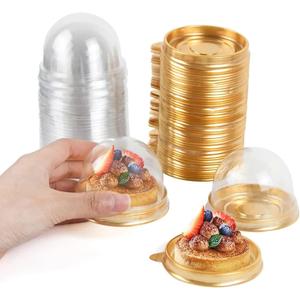 50Pcs Clear Plastic Mini Cake Box with Dome Lids, Mini Muffin Container Box Mooncake Dome Box Pastry Baking Packaging Boxes Wedding Birthday Gifts Supplies (Gold Base)