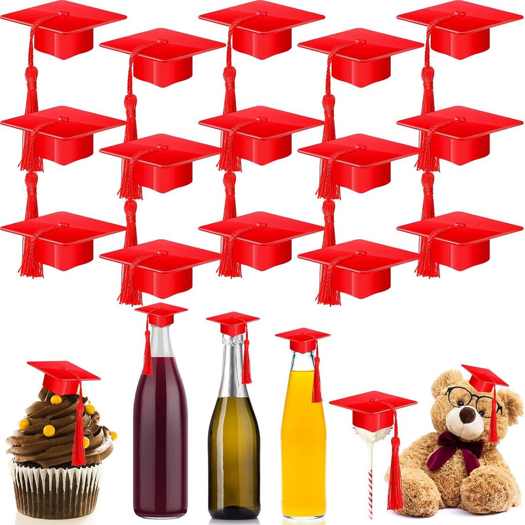 Qunclay 30 Pieces Mini Graduation Cap Red Hats with Red Tassels Plastic Grad Cake Pops Cover Toppers for Graduation Party Decorations