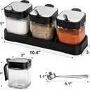 DEAYOU Set of 3 Glass Seasoning Box with Tray, 8.6oz Clear Condiment Canister Pots with 18/10 Stainless Steel Lid and Spoon, Salt Pepper Sugar Storage Container Spice Jar Cruet for Kitchen, Counter