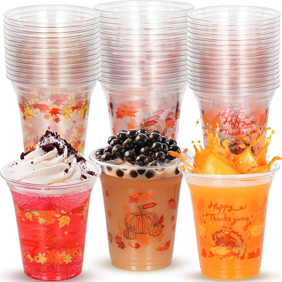 Atonofun 48 Pcs Thanksgiving Cups Disposable, 14 oz Thanksgiving Plastic Cups with Turkey Pumpkin Maple Leaves, for Juice Coffee Cold Drinks, Fall Party Supplies