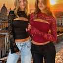 Women's Lace Long Sleeve Going Out Tops Sexy Y2K Crew Neck Cutout Double Lined Slim Night Out Shirts (Black, L)