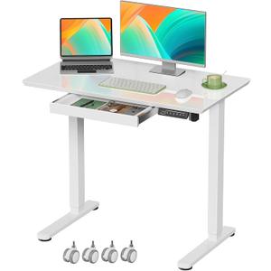 Gibbon Mounts Glass Standing Desk with Drawer, 35×20Inch Whole Piece Height Adjustable Rising Desk, Electric Sit Stand Desk with Wheels, Small Computer Desk, White, 35" W x 20" D x 28.3" H