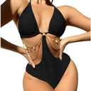 OYOANGLE Women's Chain Linked Cut Out Halter One Piece Swimsuit Tummy Control Bathing Suit, Size Large
