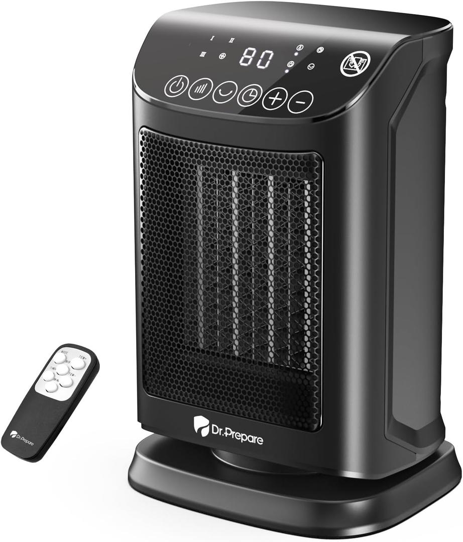 DR.PREPARE 1500W Small Space Heater for Indoor Use, Portable PTC Ceramic Electric Heater with Thermostat, Oscillation, Remote, 12H Timer, 3 Heat Modes + Fan + ECO Mode, Safe Heater for Office Bedroom (9.7''H/ 70 Auto Oscillation)