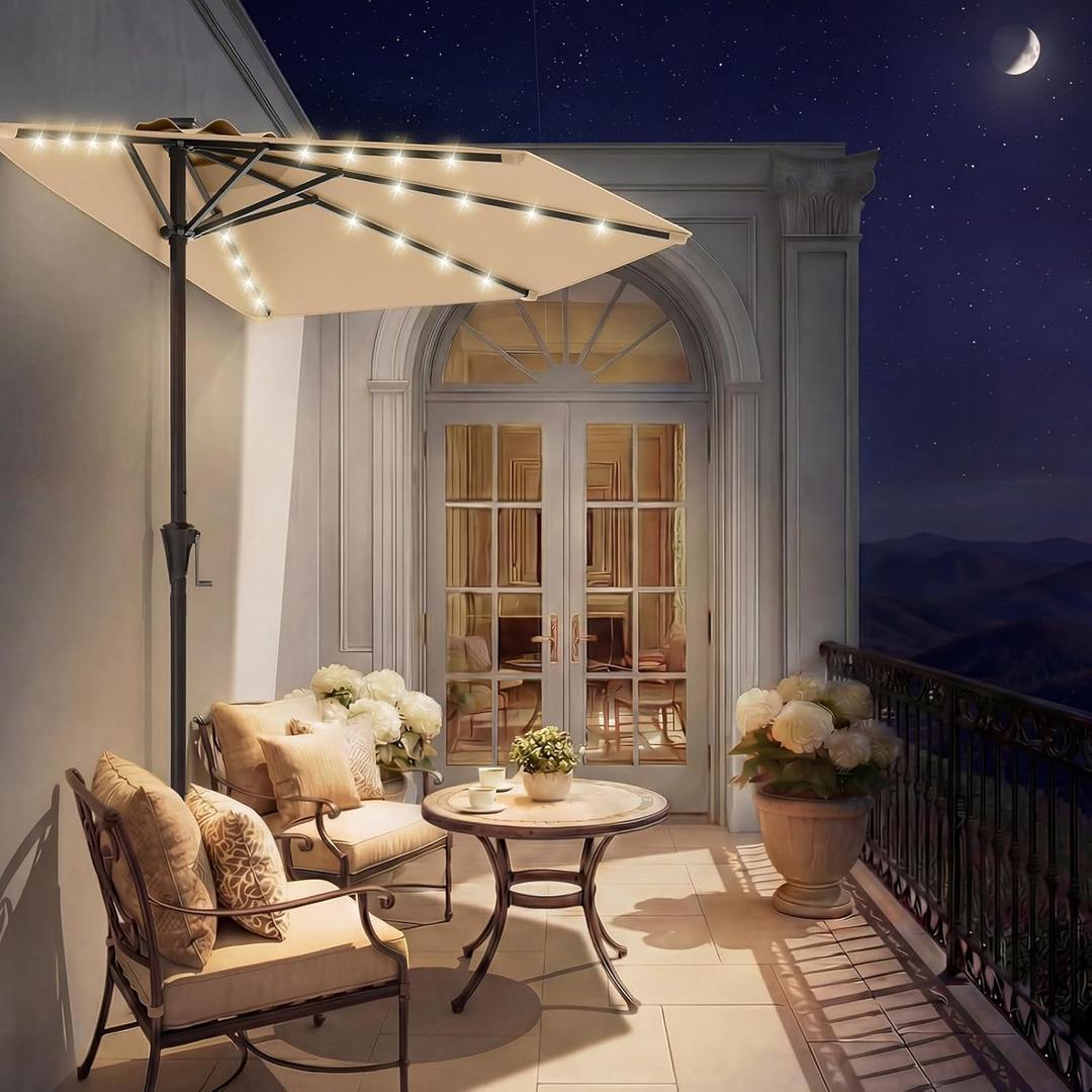 HOMSHADE 9FT Half Patio Umbrella with Solar LED Lights for Outdoor, Waterproof Half Umbrella for Small Spaces, Balcony, Deck(Beige)