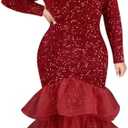 ONTINVA Women Plus Size Sequin Long Short Sleeves Evening Gown Party Long Maxi Dress Black Glitter Mesh Ruffled Mermaid XL