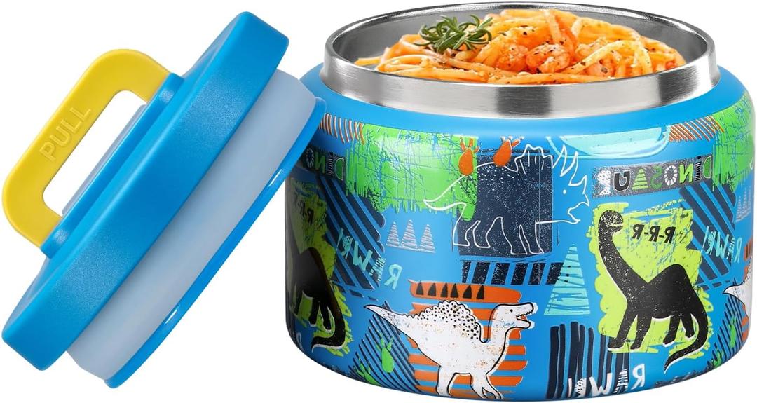 MAISON HUIS 8oz Soup Thermo Wide Mouth Vacuum Insulated Thermo Jar, Leak Proof Stainless Steel Food Container (Blue-Dinosaur)