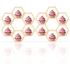 12PCS Mini Honeycomb Cupcake Stand with 300PCS Dot Adhesive Wooden Hexagon Cake Display Holder Hexagonal Cupcakes Shelves Farmhouse Wooden Floating Table Sign for Baby Shower Birthday Party