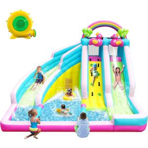 Inflatable Water Slide, 6 in 1 Blow Up Water Park Aged 3-10, Flamingo Style Water Bounce House with Double Long Slides, Splash Pool, 580W Blower Waterslide for Kids and Adults Backyard