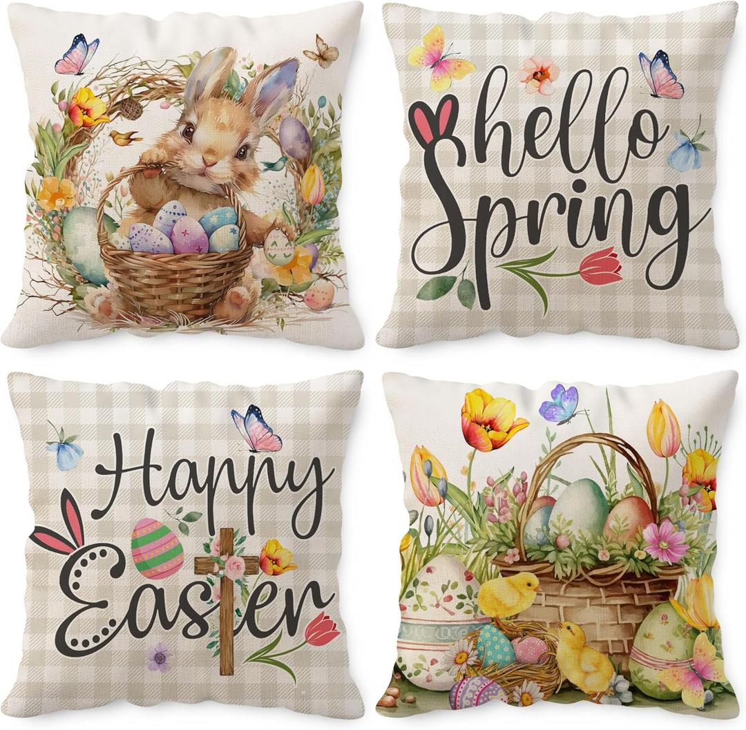 Easter Pillow Covers 16x16 Set of 4 Easter Throw Pillow Covers with Bunny and Eggs Spring Home Decor Buffalo Check Plaid Pillowcase Square Cushion Covers for Sofa Bed Couch