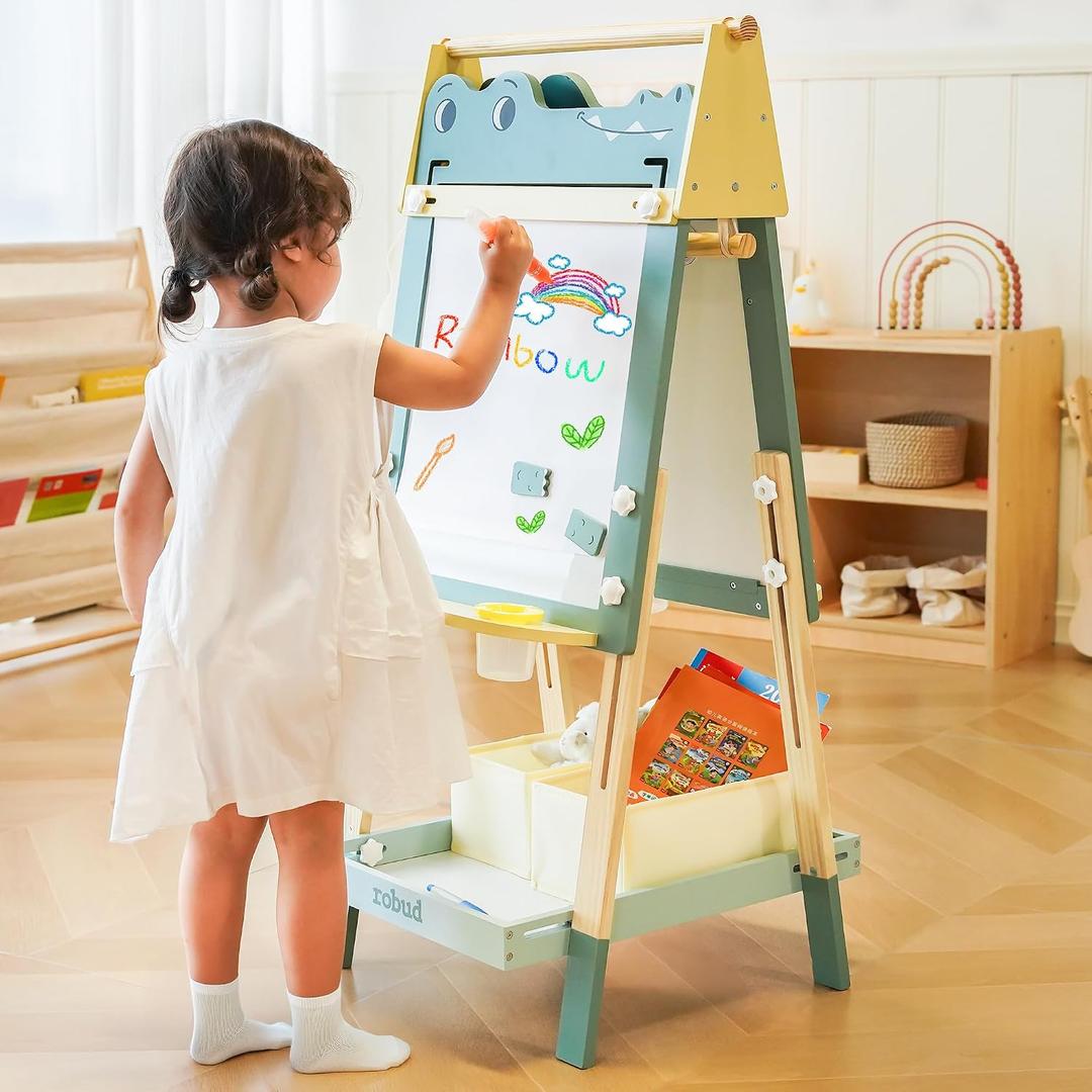 ROBUD Kids Easel, Wooden Adjustable Crocodile Easel for Kids, Double-Sided Magnetic Toddlereasel with Drawing Accessories，1Paper Roll, 2 Storage Boxs... WF013, 18.5 X 21.5 X 42.6 Inches