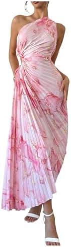 Milumia Women's Tie Dye One Shoulder Maxi Tank Dress Elegant Pleated Asymmetrical Hem Dresses, XL Size