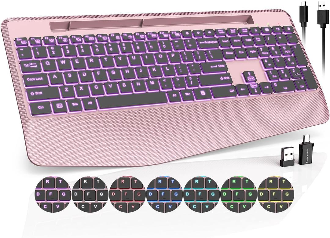 Wireless Keyboard with 7 Colored Backlits, Wrist Rest, Phone Holder, Rechargeable Ergonomic Computer Keyboard with Silent Key, Full Size Lighted Keyboard for Windows, Mac, PC, Laptop (Rose gold)