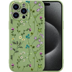 RALEAVO Floral Case for iPhone 15 Pro Max,Liquid Silicone Cover with Cute Flower Branch Pattern for Girls Women Slim Soft Rubber Protective Phone Case for iPhone 15 Pro Max (6.7"),Green