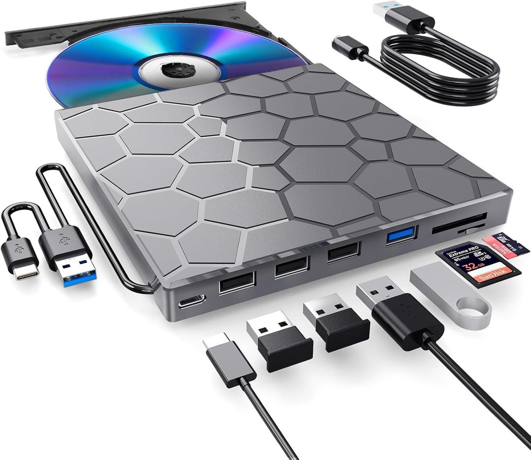 External CD/D1VD Drive for Laptop, DVD Player for Laptop, 8 in 1 USB 3.0 Ultra-Slim Portable (gunmetalgrey)