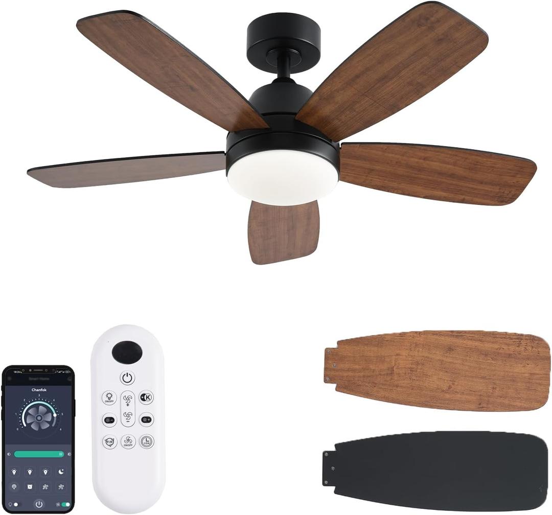 Ceiling Fans with Lights, 42 Inch Low Profile Ceiling Fan with Lights and Remote Control, LED Dimmable DC Reversible, 8 Speed, Noiseless, Modern Brown Ceiling Fan for Bedroom, Indoor/Outdoor Use