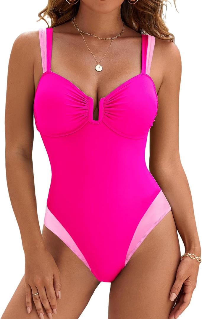 BMJL Womens One Piece Swimsuits Sexy U Wire Slimming Bathing Suit Retro Color Block Tummy Control Swim Suit Swimwear (Hot Pink70), Medium