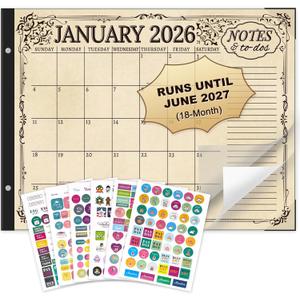 Desk Calendar 2026-2027, Large 22"x17", 18 Months from January 2026 to June 2027, Desktop Calendar with Plastic Cover and Colorful Stickers, Ideal for Home, Office, and School Planning (Vintage)