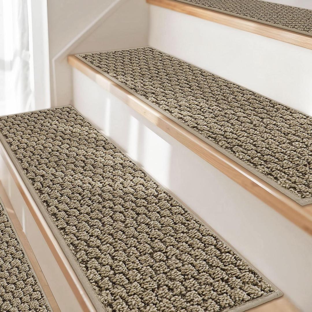 JSEI Stair Treads for Wooden Steps, 14 Pack 9" X 28" Non-Slip Machine Washable Carpet Stair Treads with TPE Backing, Soft Indoor Stair Rug Runner for Kids Elders & Pets, 100% Polyester, Beige, 28''x9''