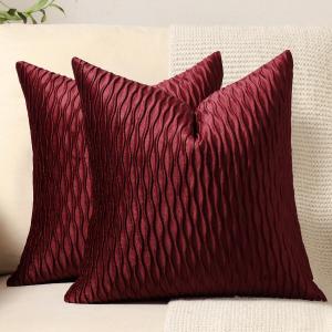 DEZENE Burgundy Throw Pillow Covers: 2 Pack 18x18 Inch Original Striped Velvet Square Decorative Pillow Cases for Farmhouse Couch
