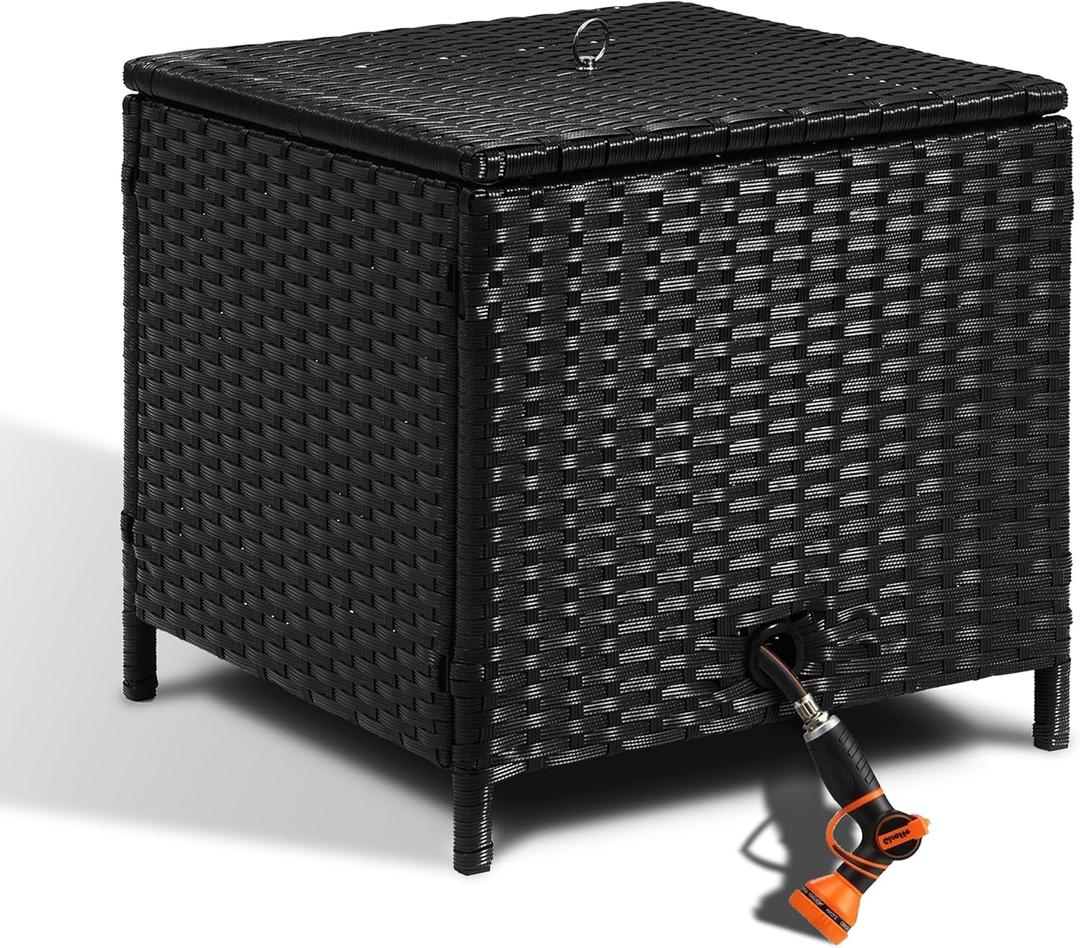 Decorative Garden Hose Storage Box with Lid, Weather Resistant Handwoven PE Rattan Water Hose Holder, Storage For Garden Tools, 200FT 5/8'' Hose Capacity (Black)