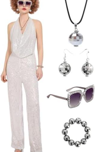 Minkasic Gold 70s Disco Costume: Women's Sequin Backless Halter Neck Jumpsuit with Disco Ball Accessories L Minkasic Gold 70s Disco Costume: Women's Sequin Backless Halter Neck Jumpsuit with Disco Ball Accessories L
