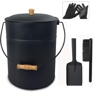 Poofzy Ash Bucket with Lid and Shovel, 4 Gallon Fireplace Container for Ashes, Includes Hand Broom and Gloves for Fire Pit, Wood Burning Stove and Grill - 10" (ID) x 12" (H)
