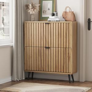 Shoe Storage Cabinet, Fluted Shoe Cabinet Storage for Entryway, Hidden Shoe Cabinet with Metal Legs,Shoe Organizer Cabinet with Flip Doors, Slim Entryway Shoe Storage Cabinet, Natural Wood-31.5in, 31.5" Wide